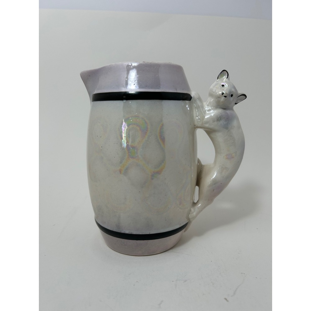 Vintage Lustreware Cat Handle Pitcher Iridescent Ceramic Figural Czechoslovakia
